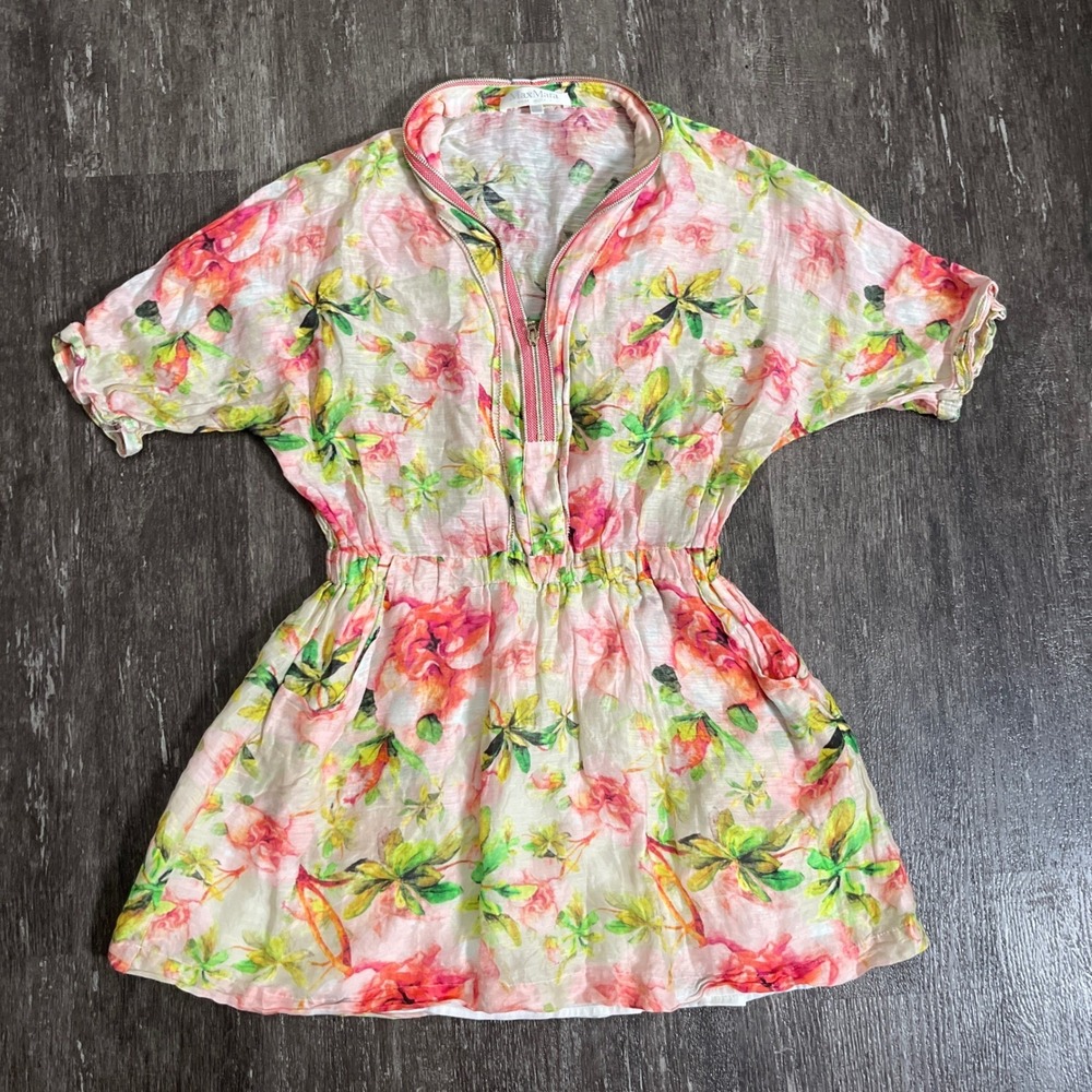Max Mara Floral Print Mini Dress Pink Green‎ Zip Front Short Sleeve Casual